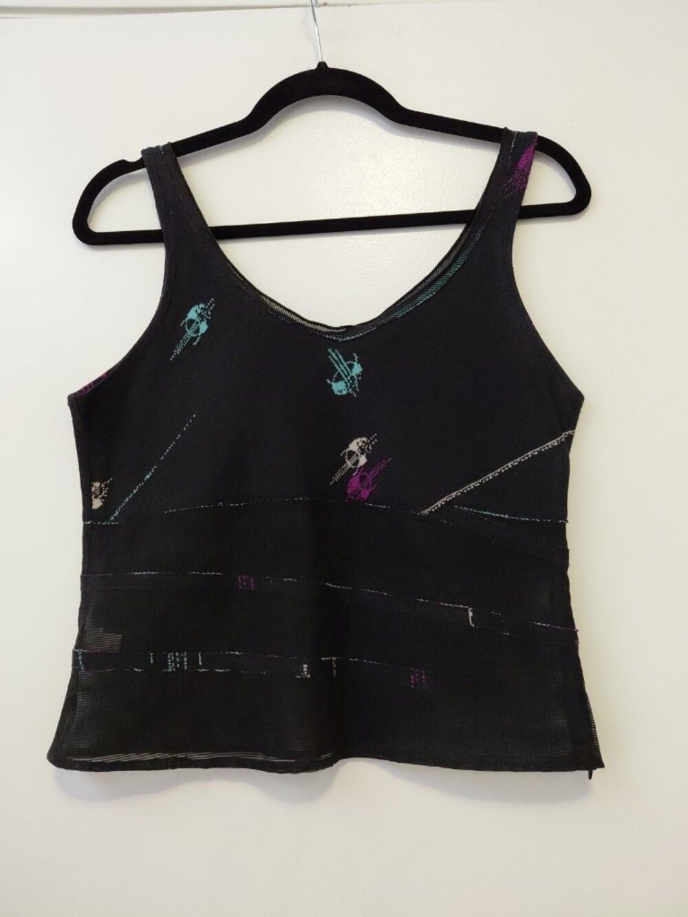 Enigma Sleeveless Cropped Top Semi Sheer Panels  Side Zip Italy Made Black 10